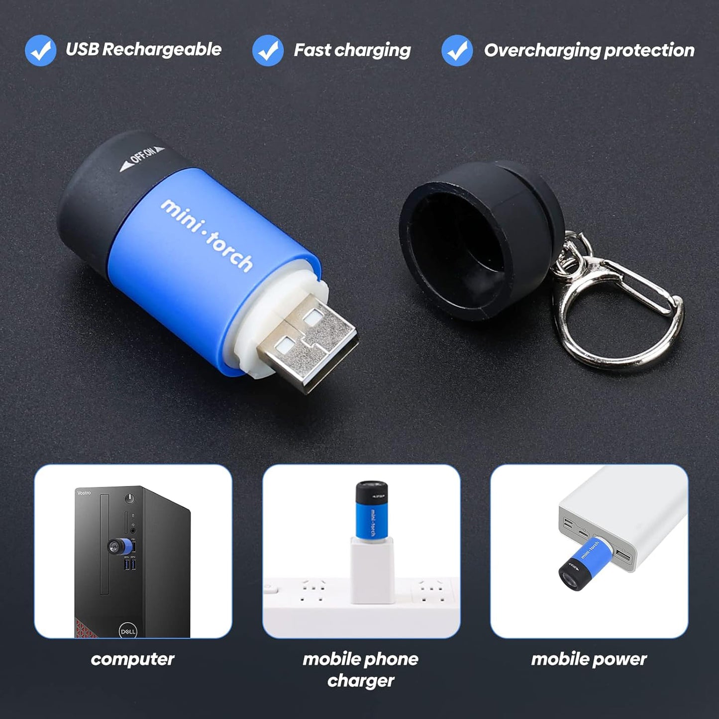 Mini Rechargeable Keychain Travel Flashlight, 3 Pack