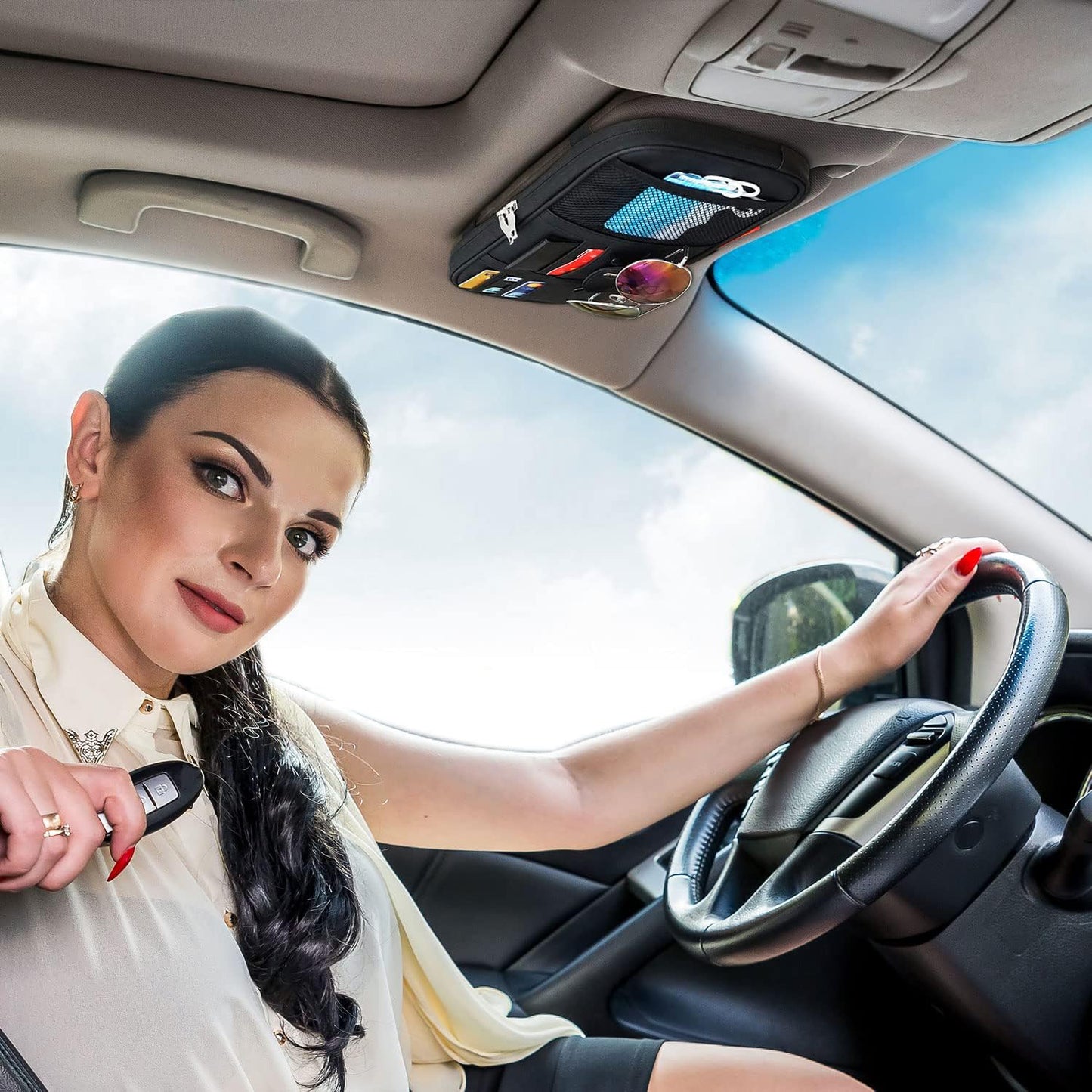 Multi-Pocket Car Sun Visor Organizer with Double Zippers