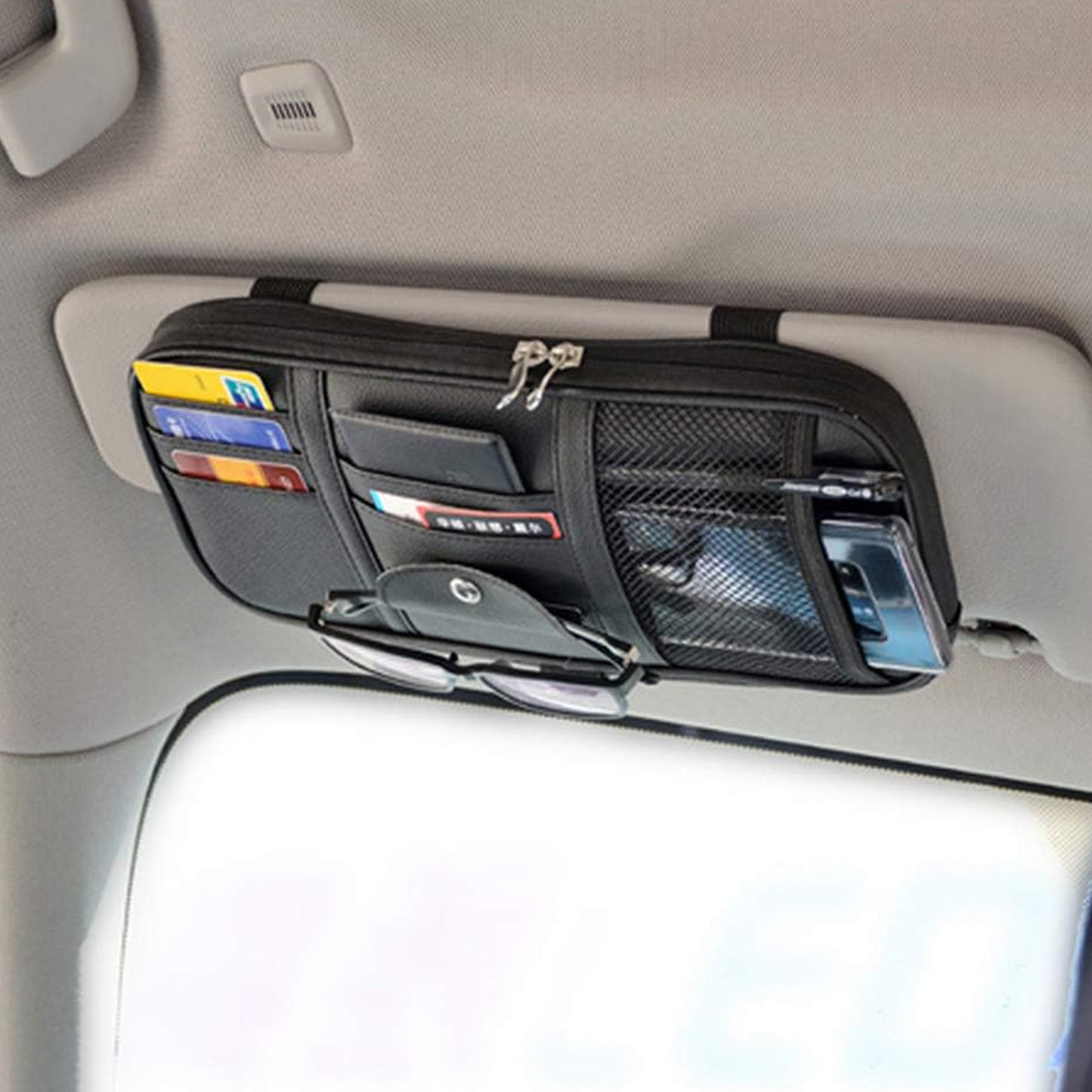 Multi-Pocket Car Sun Visor Organizer with Double Zippers