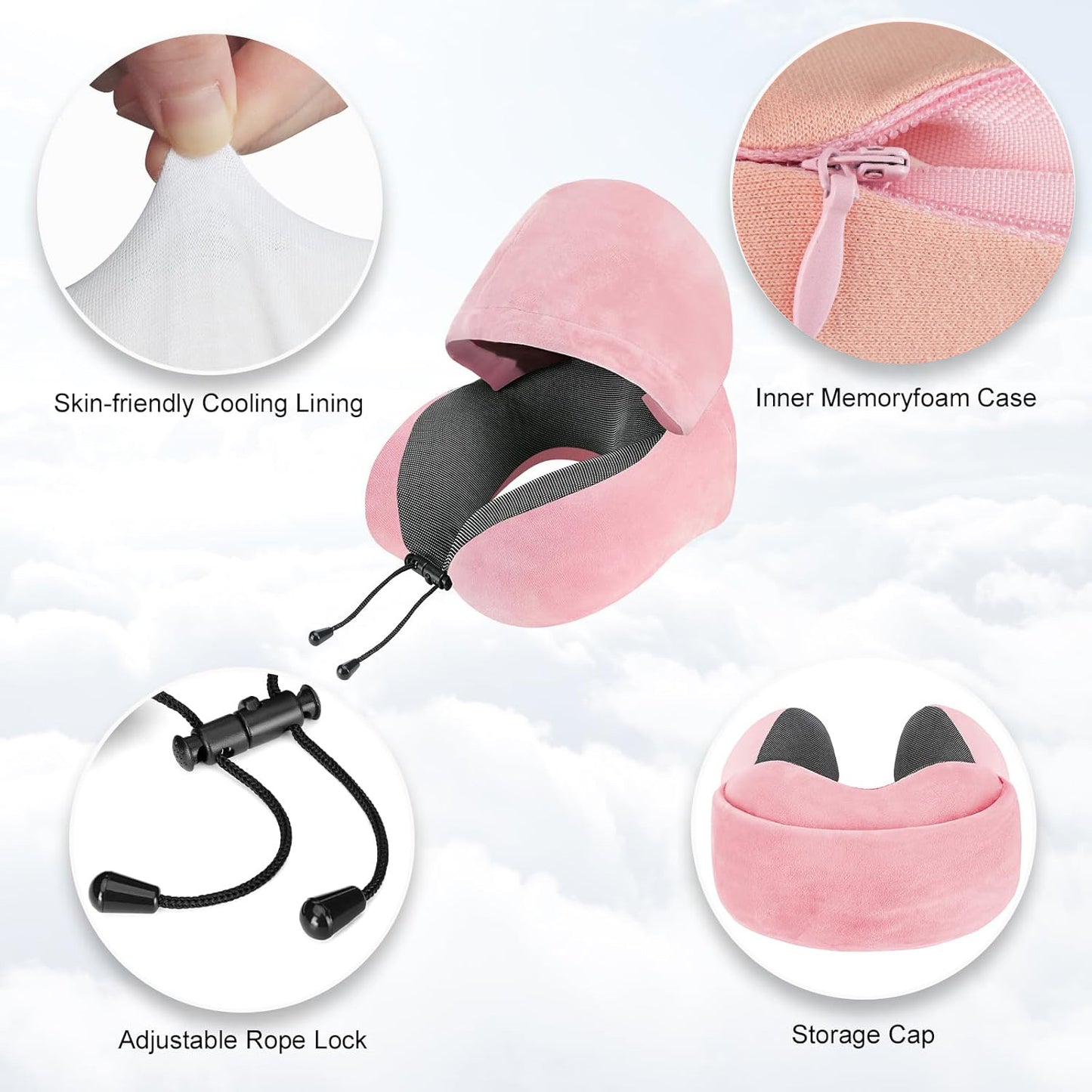 Portable Memory Foam Travel Pillow with Hood, Dark Flights Sleeping