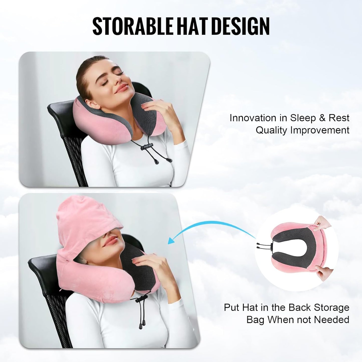 Portable Memory Foam Travel Pillow with Hood, Dark Flights Sleeping