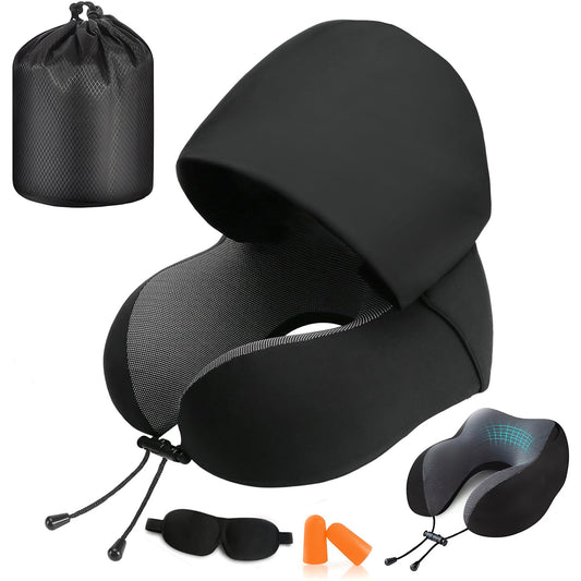 Portable Memory Foam Travel Pillow with Hood, Dark Flights Sleeping