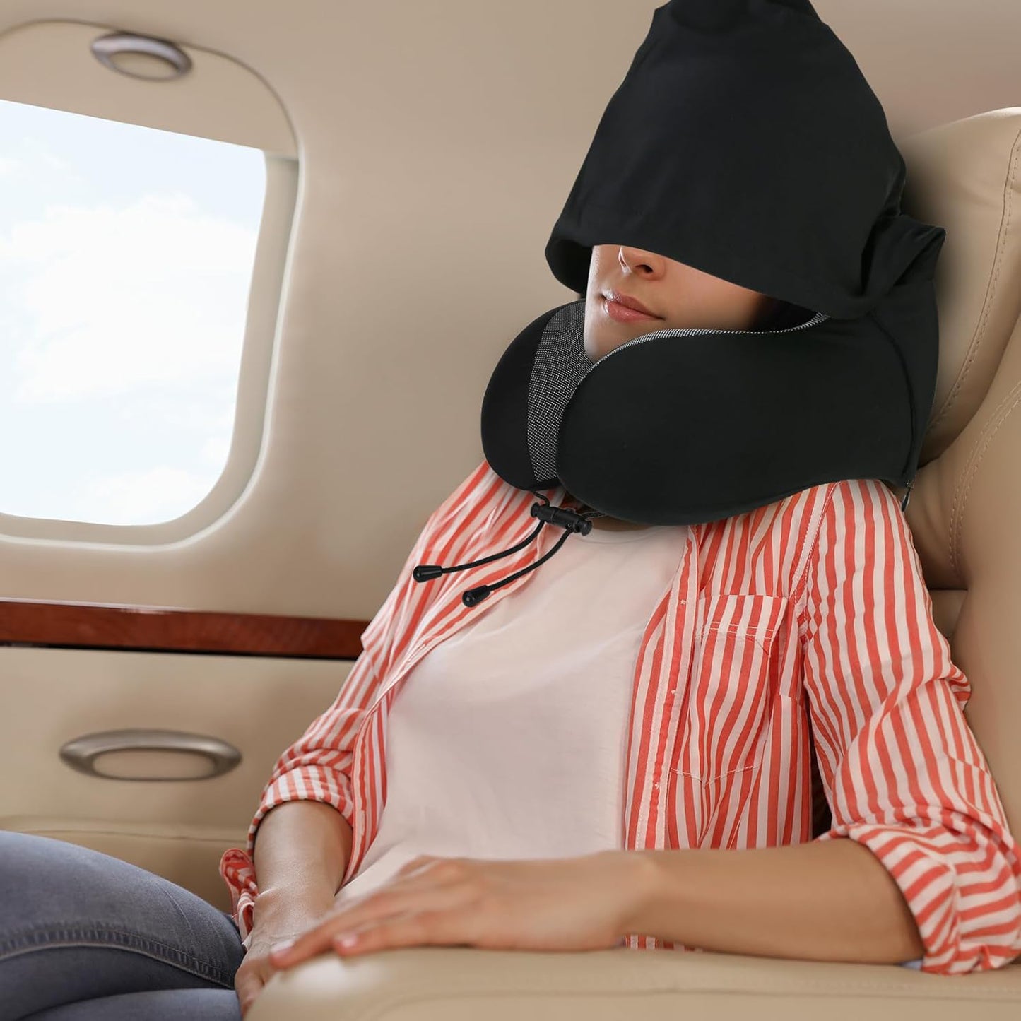 Portable Memory Foam Travel Pillow with Hood, Dark Flights Sleeping