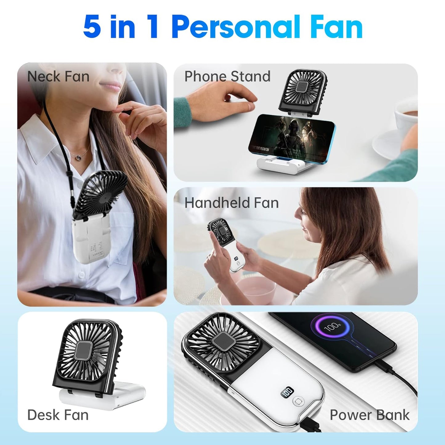5 In 1 Multi-purpose  Foldable Handheld Fan